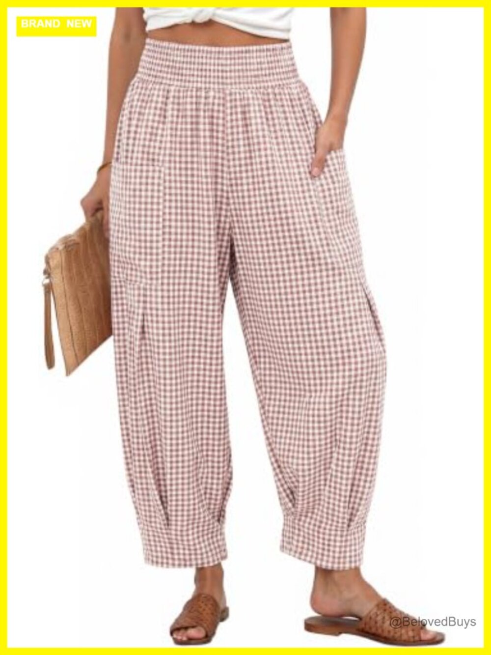 TARSE Linen Gingham High Waist Palazzo Wide Leg Pants